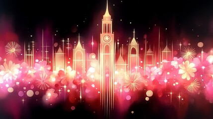 Festive Cityscape Night Bloom Fireworks