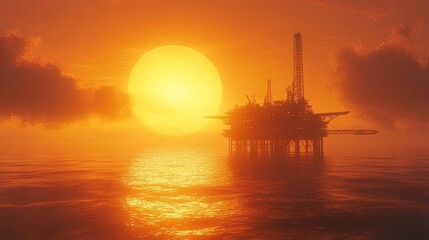 Obraz premium Golden sunrise reflecting on an offshore platform, peaceful and powerful view