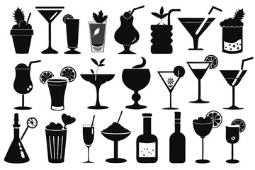 A black and white drawing of a drink and a glass with lemons and a lemon