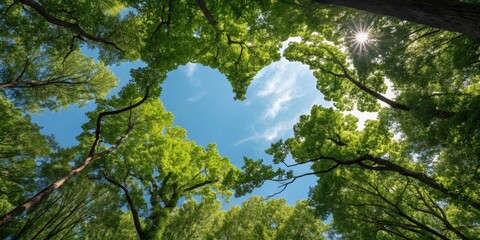 Fototapeta premium A Canopy of Lush Green Leaves Creates a Heart-Shaped Opening to a Bright Sunny Sky