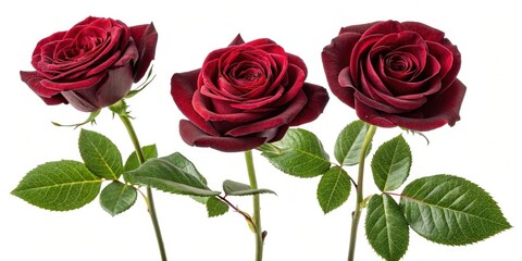 Three dark crimson roses with lush green foliage, elegantly arranged against a pristine white backdrop.
