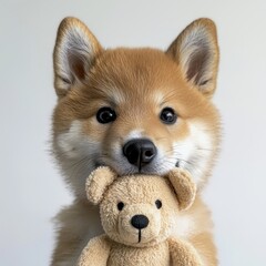 Obraz premium Adorable Shiba Inu Puppy Holding Plush Toy in Its Mouth