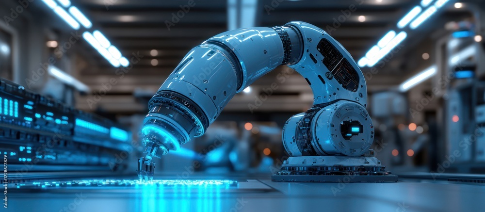 Poster robotic arm performing precision task in futuristic factory.