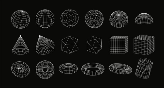 3d wireframe geometric shapes, perspective grid figures, tech mesh vector set white line elements on black, sphere torus