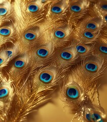 Obraz premium Iridescent peacock feathers in shimmering colors against a bright golden background, with subtle sparkle and shine, delicate patterns, shimmering colors