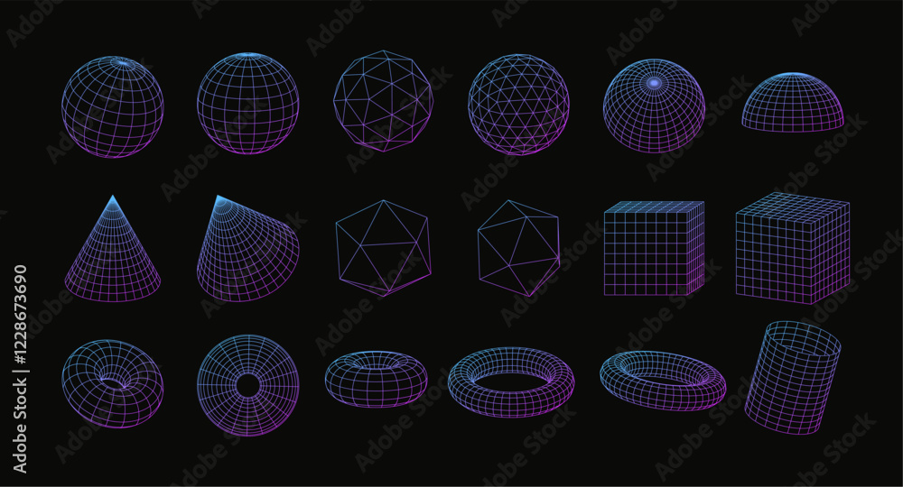 Wall mural 3d wireframe geometric shapes, perspective grid figures, tech mesh purple gradient line elements on 