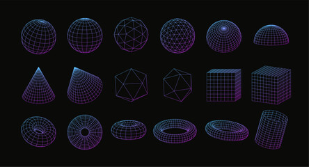 3d wireframe geometric shapes, perspective grid figures, tech mesh purple gradient line elements on black vector set