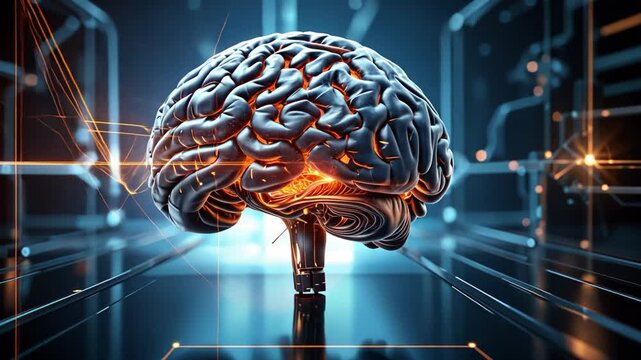 A highly detailed digital rendering of a glowing human brain with neural connections, representing artificial intelligence and neuroscience. Concept of technology and futuristic science