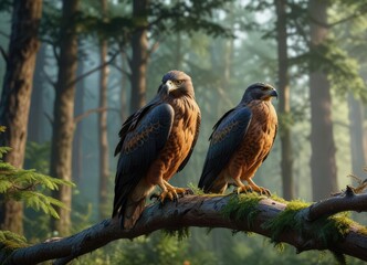 Large bird of prey perched on a branch in a forest clearing , fierce, feathered