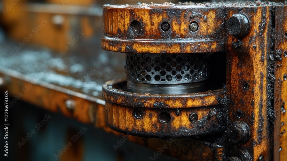 Poster close-up of rusted industrial machine component in operation
