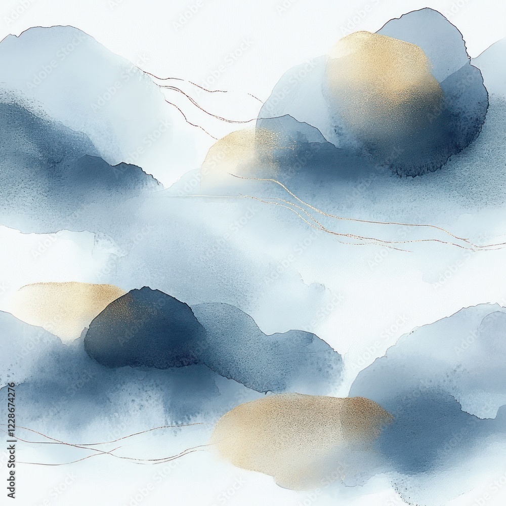 Poster abstract watercolor pattern with blue and gray blobs and gold accents on white background