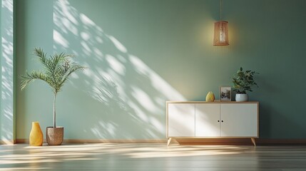 Serene minimalist Scandinavian interior with light mint green wall modern white cabinet and decorative plant