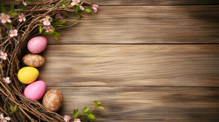 Festive Easter Eggs Nestled in Spring Branches on Wood