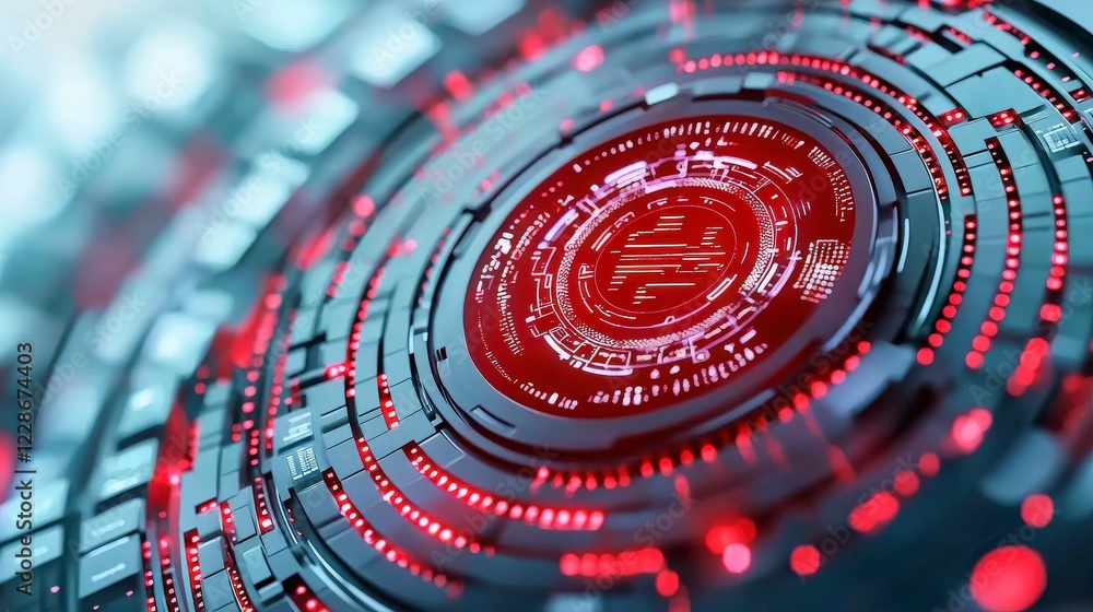 Poster futuristic red data visualization with circular pattern and digital circuits for technological backg
