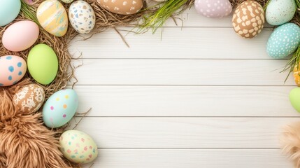 Obraz premium Festive Easter Eggs Nestled on Wooden Background