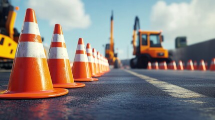 Road construction cones, machinery, sunny day