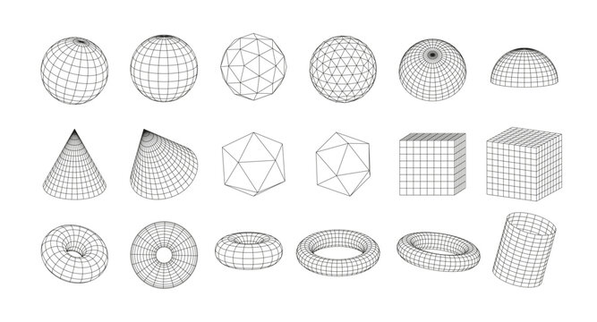 Illustration of a set of wireframe geometric shapes: torus, cube, sphere and abstract figures.