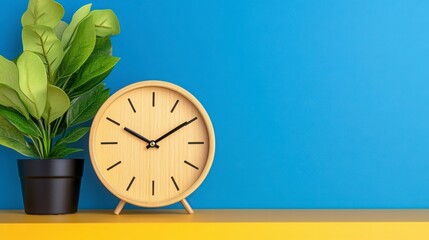 Minimalist Interior with Wooden Clock and Potted Green Plant