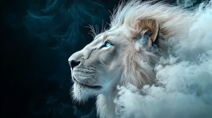 Majestic White Lion Surrounded by Ethereal Bioluminescent Fog