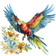 Fototapeta premium A Vibrant Macaw Soars Amidst Blooms, Capturing Nature’s Beauty in a Stunning Watercolor Illustration