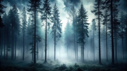 Fototapeta premium Dark forest with tall trees and mysterious fog on a charcoal background , eerie, mystery, eerie, mystery, fog, forest