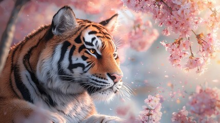 Majestic Tiger Meditating Under Cherry Blossom Trees in Soft Light