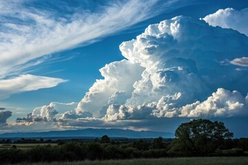 Majestic thunderheads gather on the horizon, their dark anvil-shaped peaks set against a brilliant electric blue sky with wispy cirrus clouds, dramatic clouds, vibrant hues, atmospheric contrast
