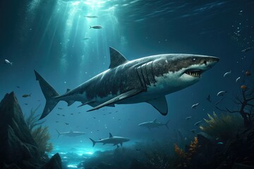 Obraz premium Massive megalodon shark swimming in the dark depths of the ocean, apex predators, marine megafauna, ocean giants, shark species, aquatic predators