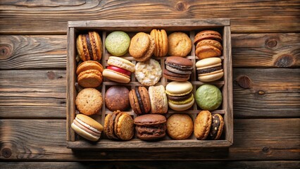 A box of assorted sweet biscuits, such as cookies and macarons