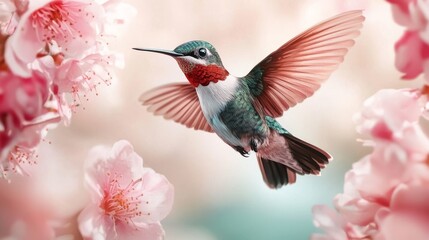 Naklejka premium Elegant Hummingbird in Mid Flight Among Soft Pink Blossom Petals