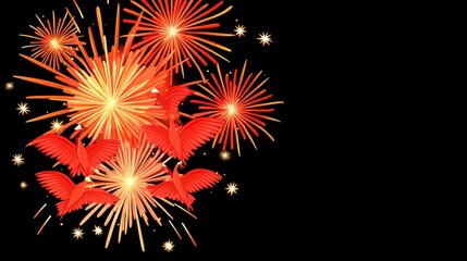 Festive Fireworks Display with Red Birds in Flight