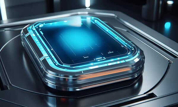 Futuristic phone charging, dark lab, glowing, tech
