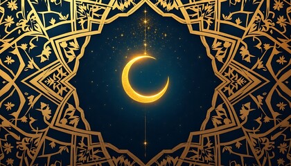 Golden Crescent Moon in Elegant Mandala Frame: A Night Sky Tapestry
