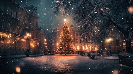 Snowy Christmas tree in city square, night