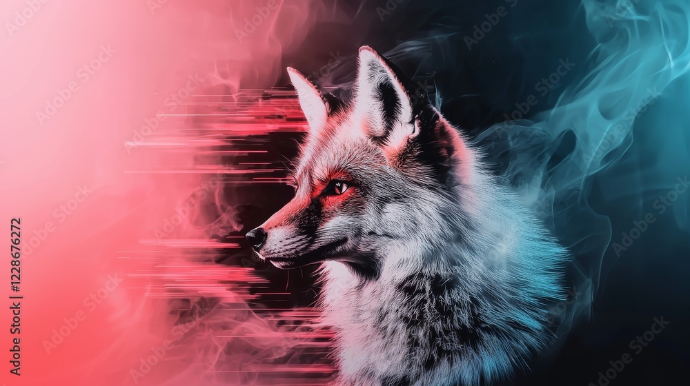 Poster digital glitch style fox in fragmented neon pixels with dark background