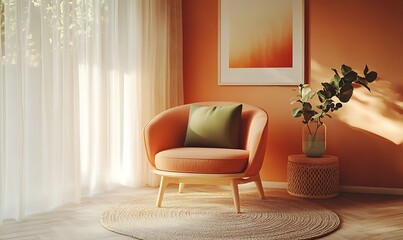 Minimalist, japandi home interior design of modern living room featuring boucle sofa, black modern coffee table, terra cotta accents and contemporary abstract art on beige stucco wall.
