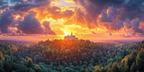 Fototapeta premium Stunning Sunset Over Castle Surrounded by Lush Forests Aerial View of Romantic Architecture