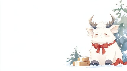 Naklejka premium Festive Fluffy Goat with Presents in Winter Wonderland