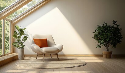Scandinavian Interior Cozy Living Room Sunlit Armchair Potted Plant Wooden Floor