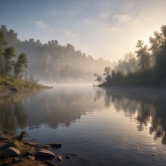 Fototapeta premium Morning mist rising from the surface of the Volga River, creating a mystical atmosphere, fog, shadows