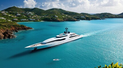 Obraz premium Luxurious Yacht Gliding Gracefully Through Sparkling Blue Ocean on a Sunny Summer Day: A Panoramic View of a Picturesque Landscape