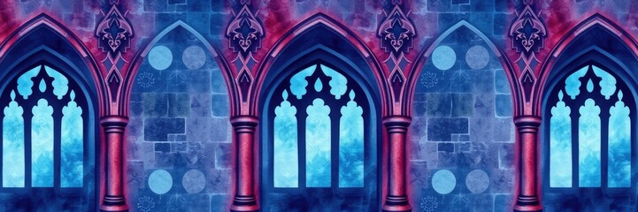 Obraz premium Mystical Watercolor Gothic Arches Seamless Pattern for Design, bohemian, abstract, architectural