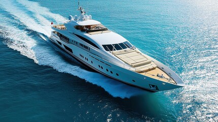 Fototapeta premium Luxurious Yacht Gliding Gracefully Through Sparkling Blue Ocean on a Sunny Summer Day: A Panoramic View of a Picturesque Landscape