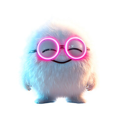 Fluffy 3D Cartoon Character with Glowing Pink Glasses Isolated on Transparent Background