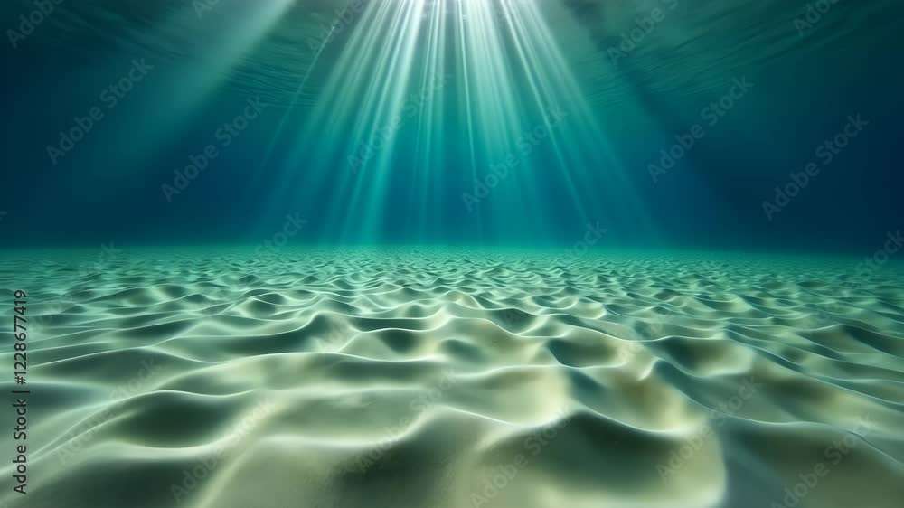 Poster sunlight beams gently illuminate undulating sand patterns beneath a tranquil ocean