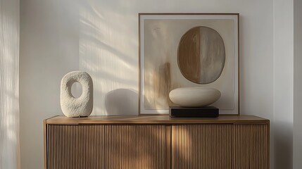 Minimalist home interior design of modern living room. Stylish cabinet near white wall with stone decorative sculpture and big art work in frame.
