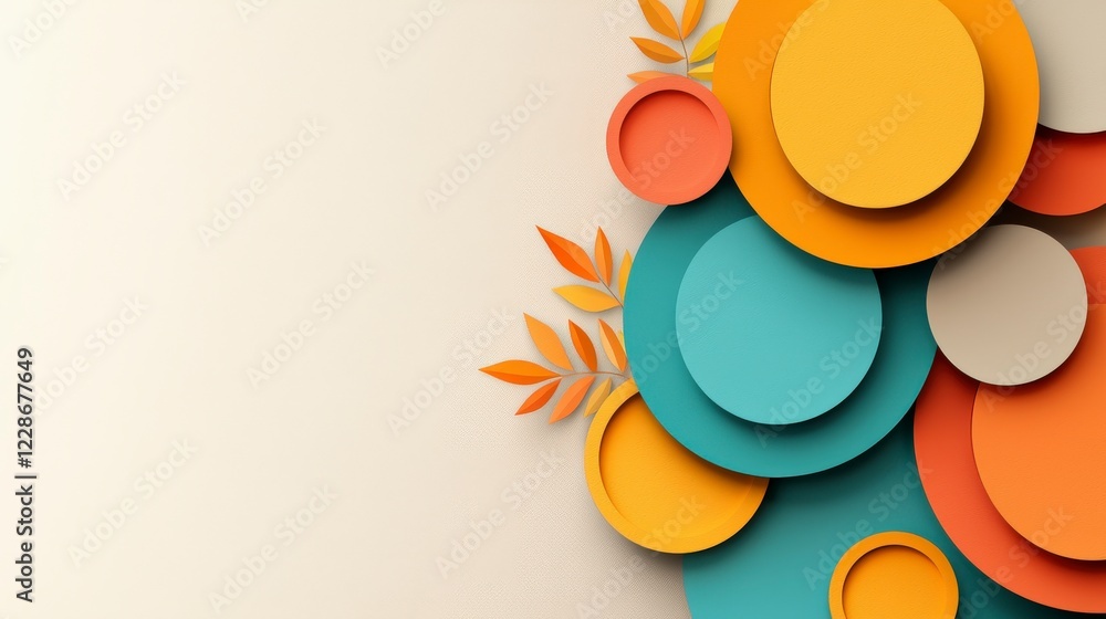 Aufkleber vibrant composition of colorful circles with leaves on soft background in modern design style