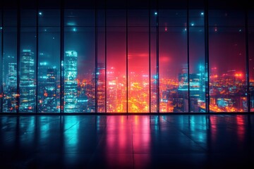 Vibrant Cityscape at Night with Neon Lights and Reflections