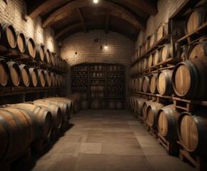 Old wine cellar filled with stacks of aging wine bottles and wooden barrels, traditional, winery, rustic