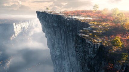 Dramatic cliff edge sunrise autumnal landscape soft light misty valley. AI Generated